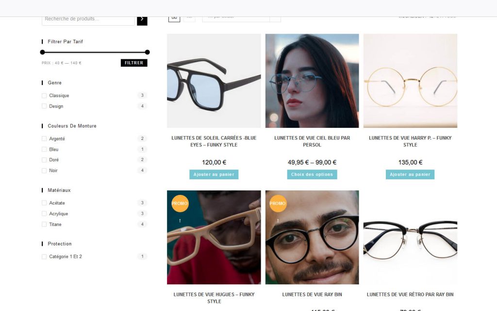capture d'écran site e commerce pour vente de lunettes solaires et de vue