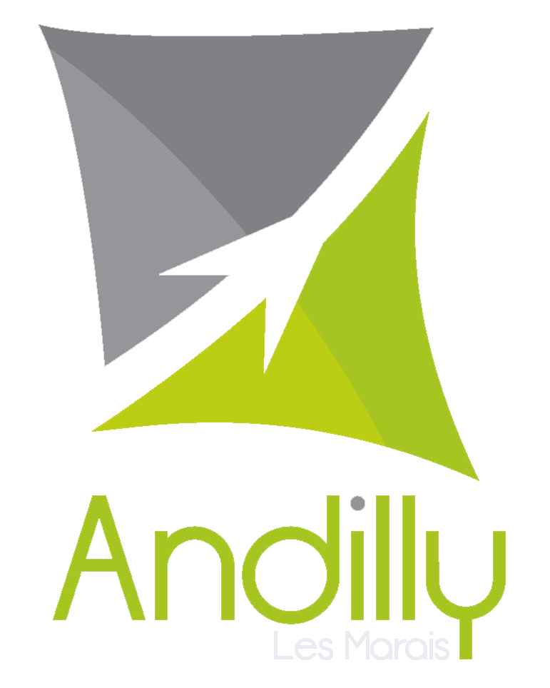logo d'andilly les marais en charente maritime, deux triangles se font face, un gris et un vert pomme.